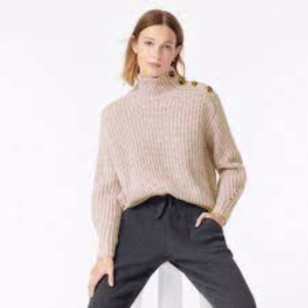 J. Crew Button Shoulder Mockneck Sweater Ivory Rainbow Mauve Supersoft Small - Picture 2 of 10